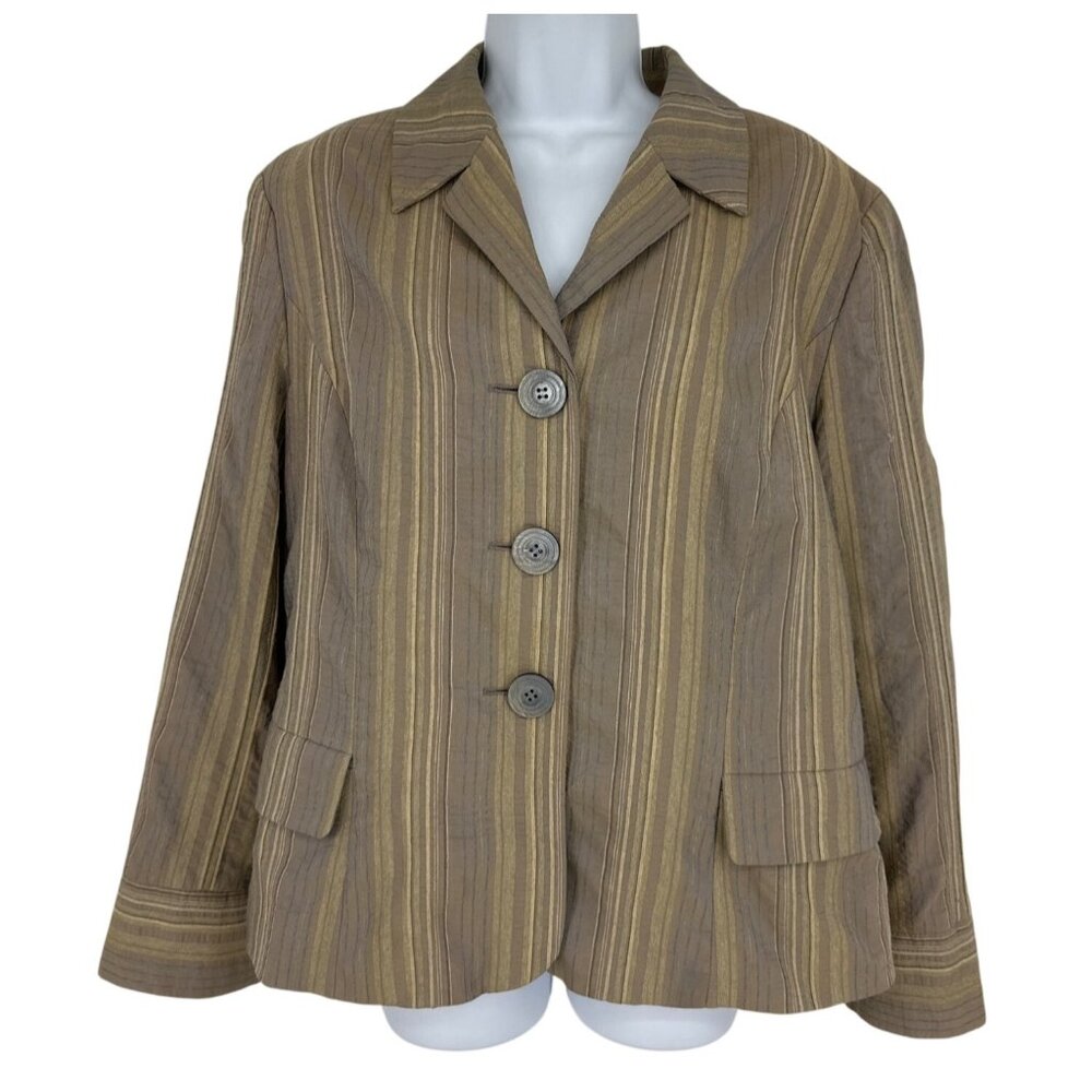 J. Jill Women's Striped Button-Down Blazer Jacket Long Sleeve Brown/Gold Size 18